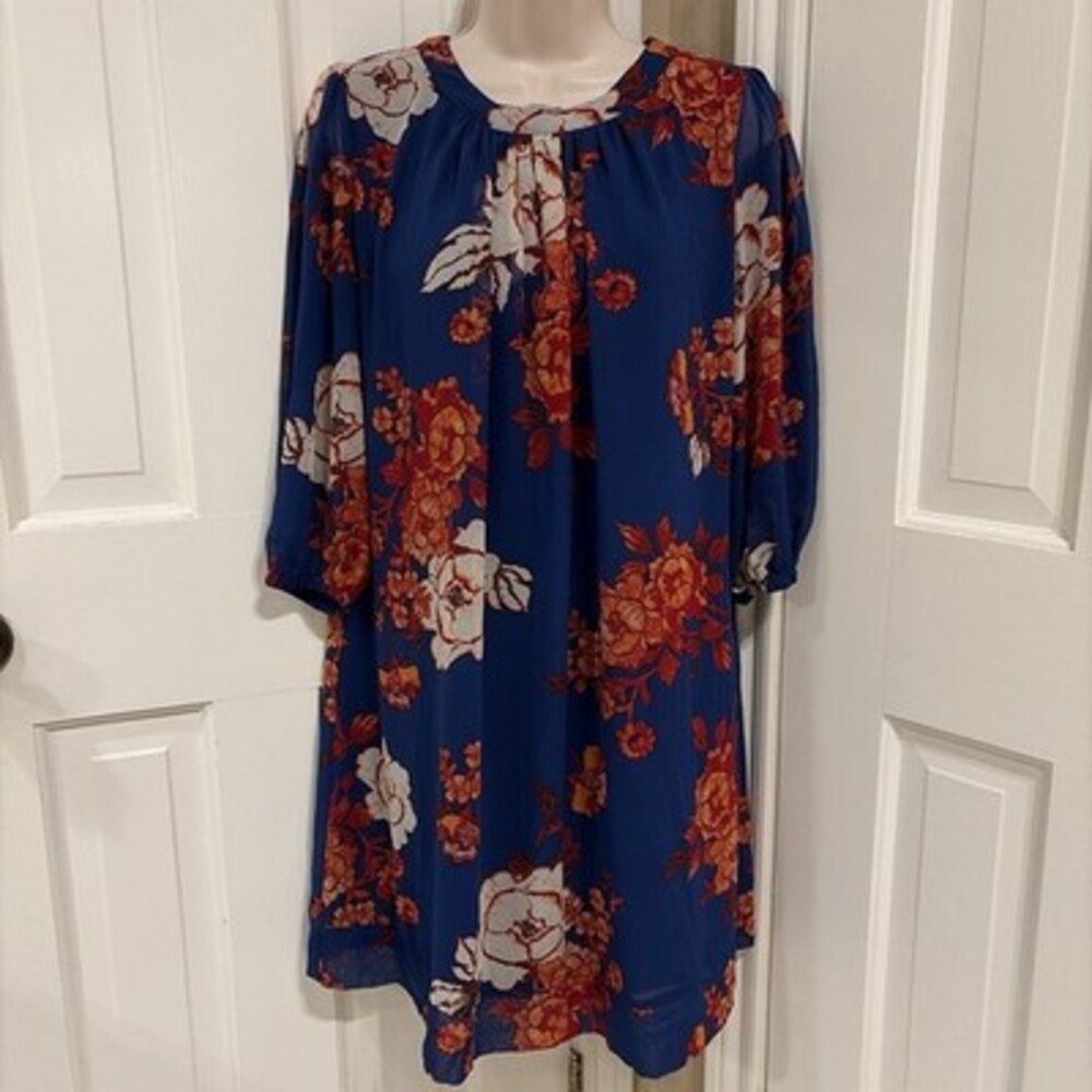 Eva Mendes Collection for New York & Company Blue Floral Chiffon Shift Dress